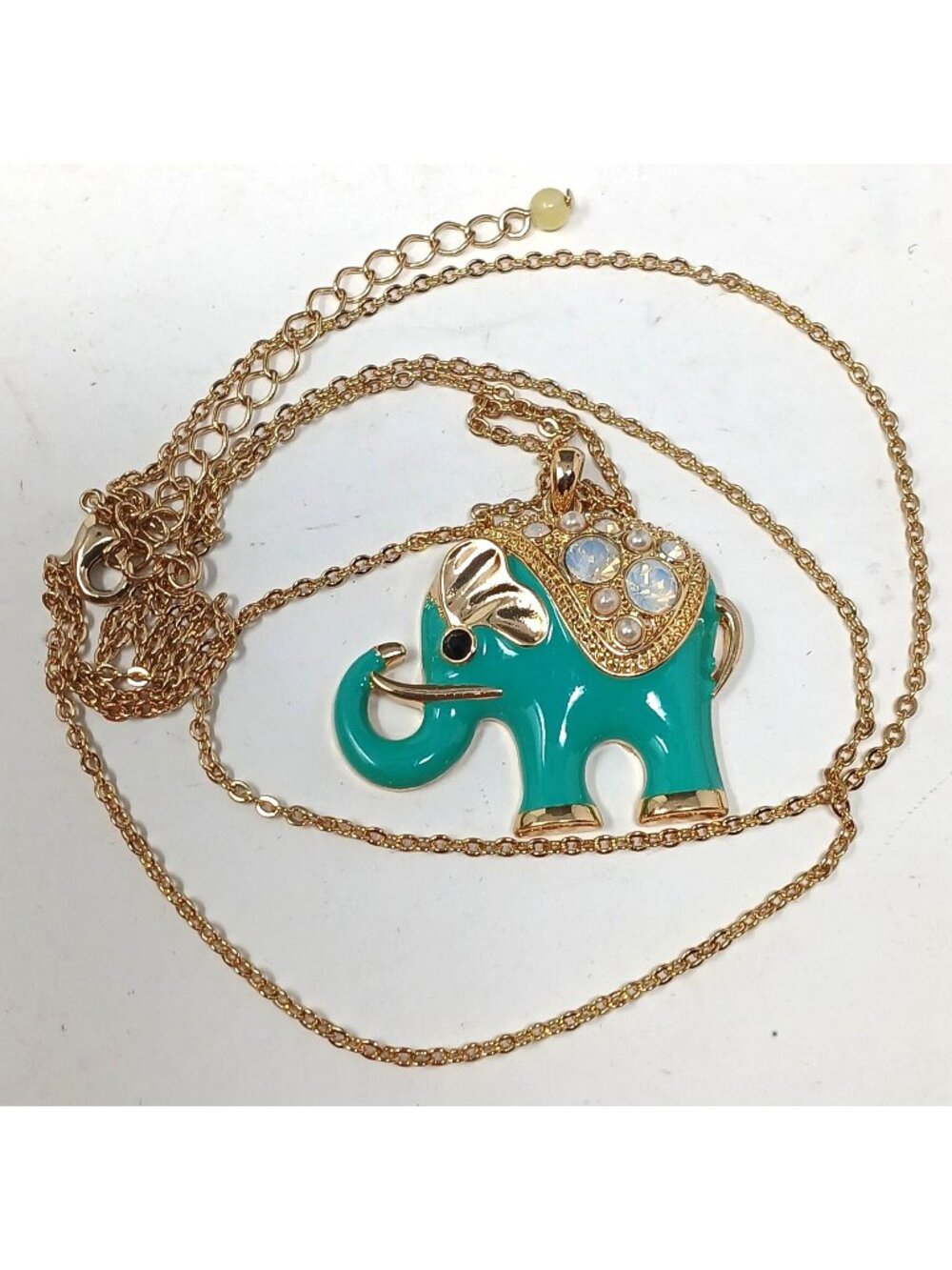 VTG 80s NRO Green Elephant Pendant Necklace Green Enamel Faux Moonstone #I-5F